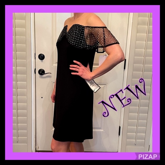 NWT ~MSK SHORT BLACK COCKTAIL DRESS W/GLITZY BODICE FLOUNCE - Picture 2 of 10